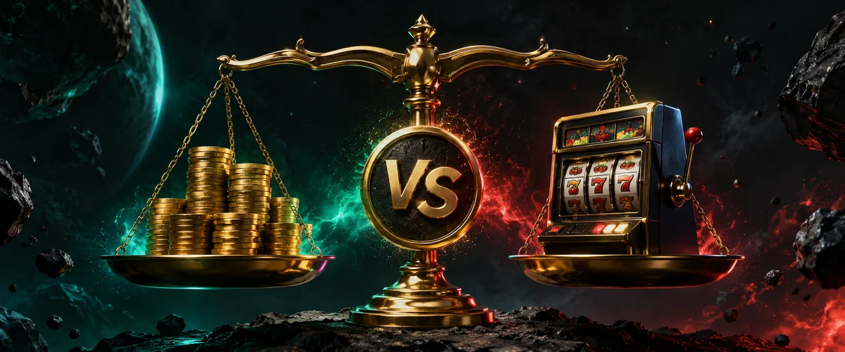 Sweepstake casino comparison — balance scale with head-to-head coins
